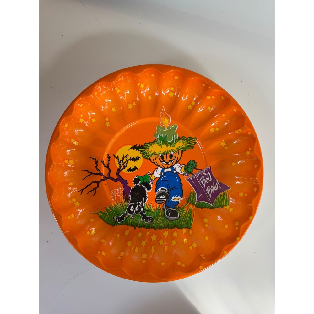 Vintage Berman Industries Halloween Plastic Candy Bowl Scarecrow Cat Orange 10in